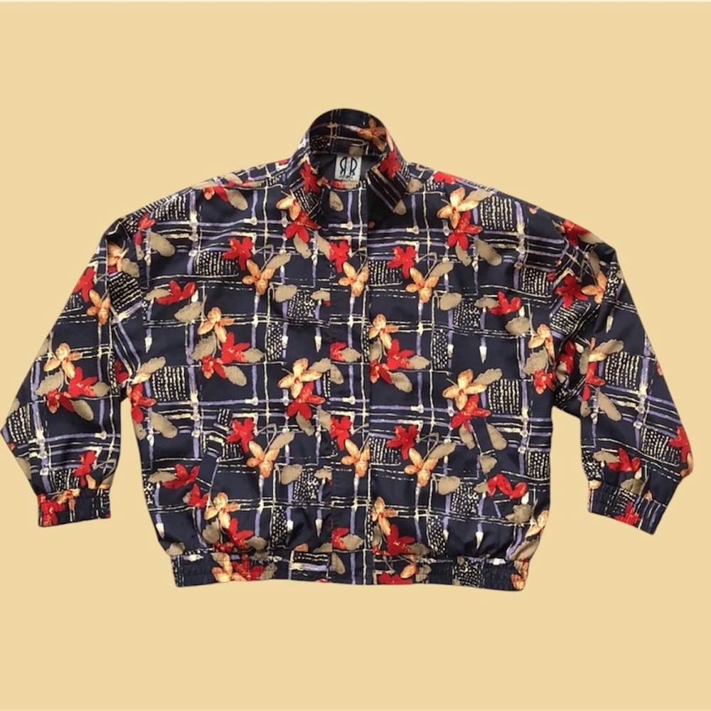 Vintage 90s R&R Sport Bomber Jacket AOP Floral Abstract Cottagecore Large XL